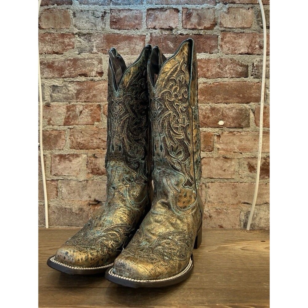 JB Dillon Women’s Cowboy Boots Bronzed Leather Finish Turquoise Inlay Size 6